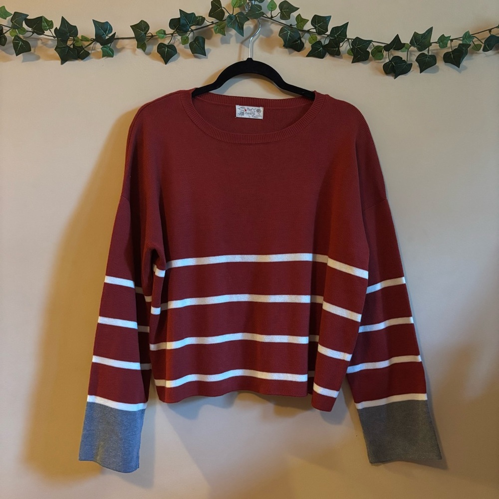 Poof Apperal Women's Scarlet Red Thin White Striped Sweater